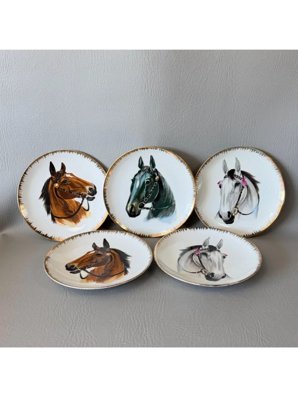 Vintage Horse Portrait Wall Plates Set of 5 Japan Equestrian Display 7.5